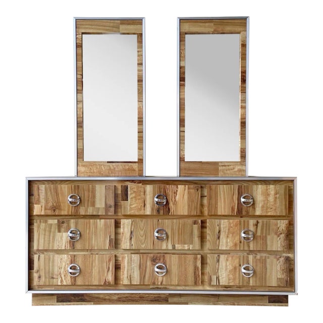 Postmodern Woodgrain Laminate Dresser With Mirrors - 3 Pieces For Sale