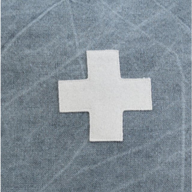 Cabin French Blue and Cream Appliqué Cross Wool & Linen Feather/Down Pillow For Sale - Image 3 of 6