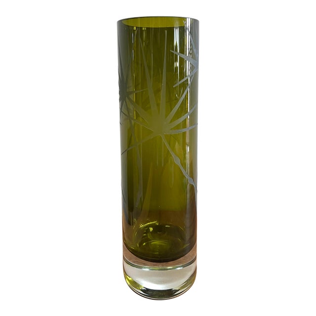 Olive Leaf Design Organic Modern Hand Cut Cylinder Vase With With Artist Mark For Sale