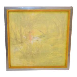 Chrome Framed Canvas on Board Watercolor Painting Bathing Girl Hues of Yellow