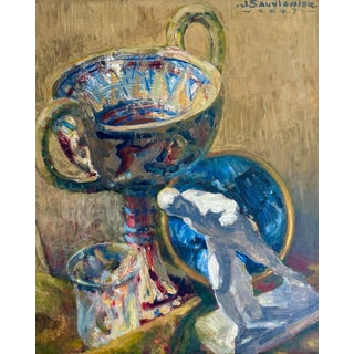 Jean Sauvignier 1947 Ancient Greek French Still Life Nature Morte Oil Painting in Washed Wood Frame For Sale