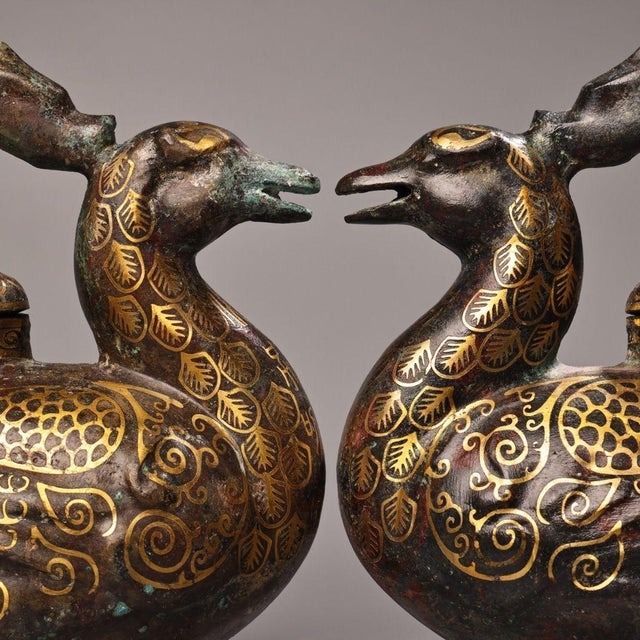 Pair of Antique Gold-Inlaid Bronze Phoenix Vessels – 8.3" Archaic Style Ewers For Sale - Image 9 of 10