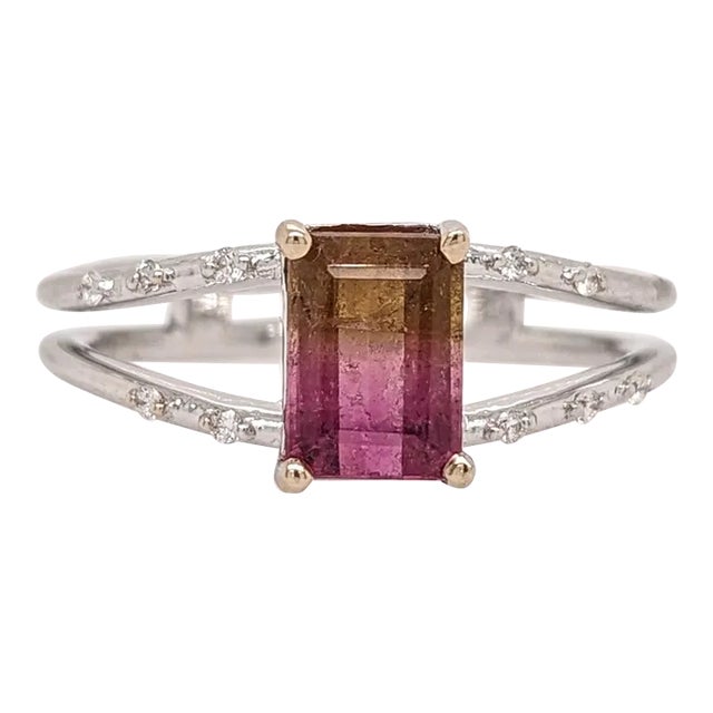 Bi-color Tourmaline Ring with Earth Mined Diamonds in Solid 14K White Gold EM 7x5mm For Sale