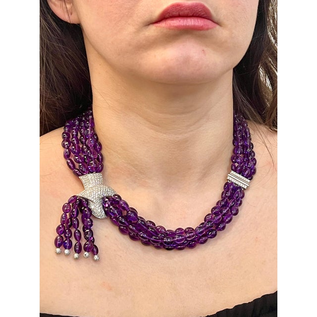 Gemstone 700 Ct Natural Amethyst Multi Layer Bead Necklace in Platinum with 9 Ct Diamonds For Sale - Image 7 of 18