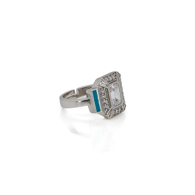 Contemporary Sterling Silver Pave Diamond & Turquoise Enamel Ring, Size 5 For Sale - Image 3 of 10