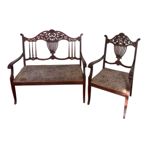 Antique Set of 2 Carved/Ornate Mahogany Wood/Jacquard Furniture Settee/Chair