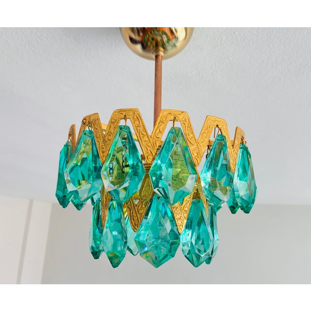 1960s Luxury Mini Brass Chandelier With Turquoise Crystal Drops, Starburst Shadow Ceiling Projection Light, Restored Antique Style Light Fixture For Sale - Image 4 of 18