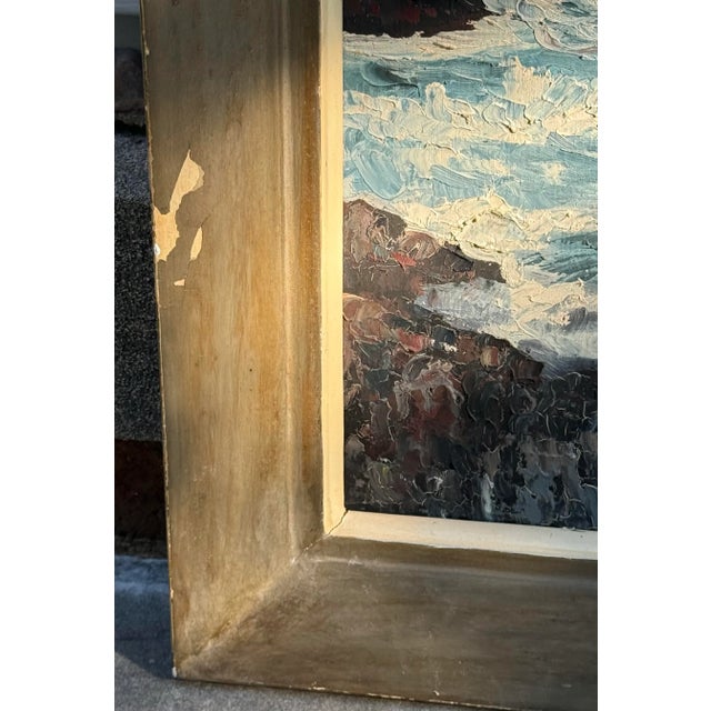 Wood Vintage Framed Oil on Canvas Painting - Portland Head Lighthouse, Maine Rocky Coastline Seascape Signed For Sale - Image 7 of 12