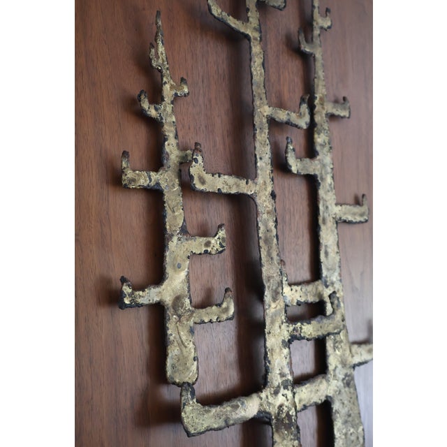 Wood Peter Pepper Products Brutalist Torch-Cut Brass Wall Sculpture on Walnut Panel For Sale - Image 7 of 10