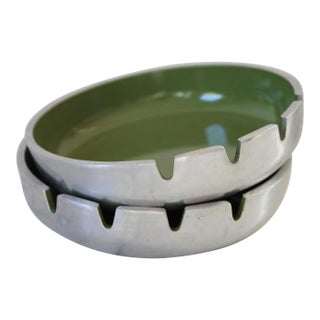 Mid-Century Modern "Duk It" Aluminum Ashtray With Avocado Green Enamel Cork Bottom - A Pair For Sale