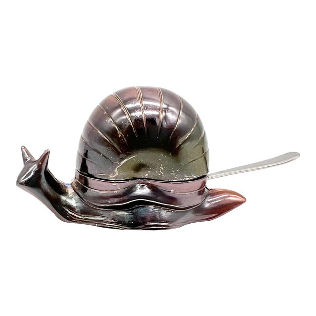Mid 20th Century Patinaed Silver Plated Snail Salt Cellar — Hinged Shell, Plastic Liner & Spoon- Boho Chic, Coastal For Sale