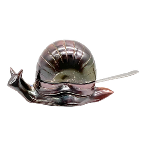 Mid 20th Century Patinaed Silver Plated Snail Salt Cellar — Hinged Shell, Plastic Liner & Spoon- Boho Chic, Coastal