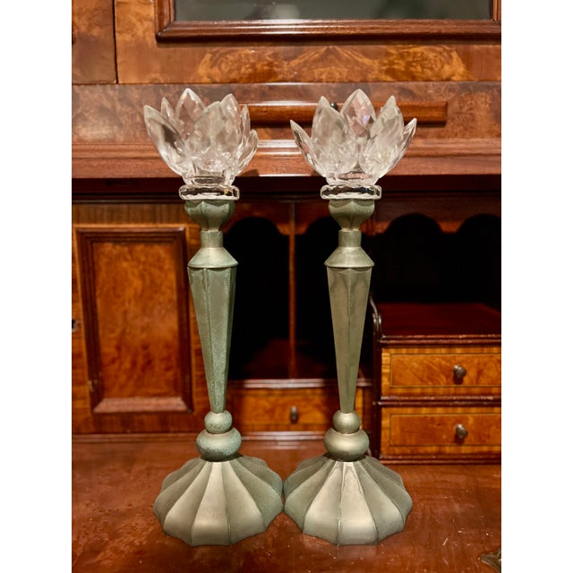 Beautiful pieces; they stand alone! In a patina finish with glass crystal motifs at the top. Sourced in Tennessee