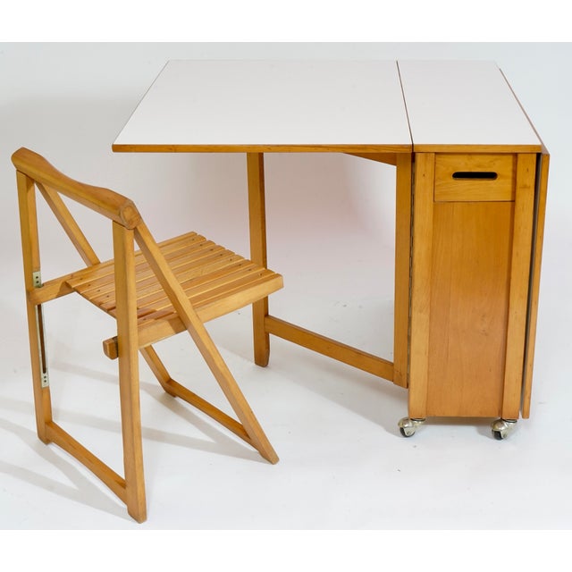 Brown 1970s Mid-Century Modern Compact Drop-Leaf Dining Table With 4 Chairs - Set of 5 For Sale - Image 8 of 16