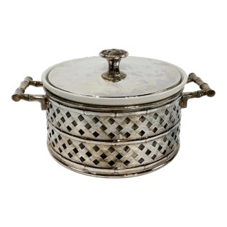 Vintage Lidded Silverplate Faux Bamboo Trellis Serving Dish For Sale