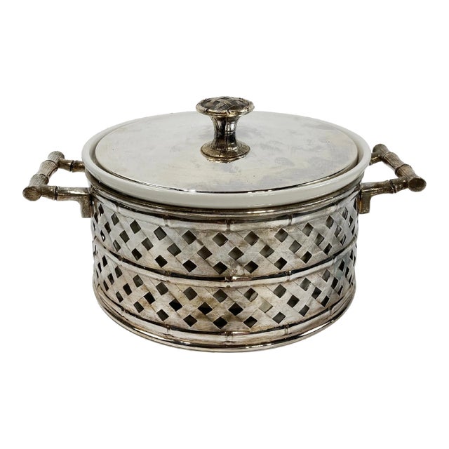 Vintage Lidded Silverplate Faux Bamboo Trellis Serving Dish For Sale