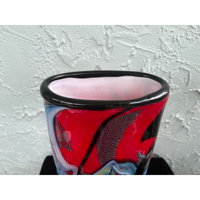 1980s Vintage Murano Hand-Blown Art Glass Vase With Aventurine, Red & Blue Swirl Design For Sale - Image 5 of 8