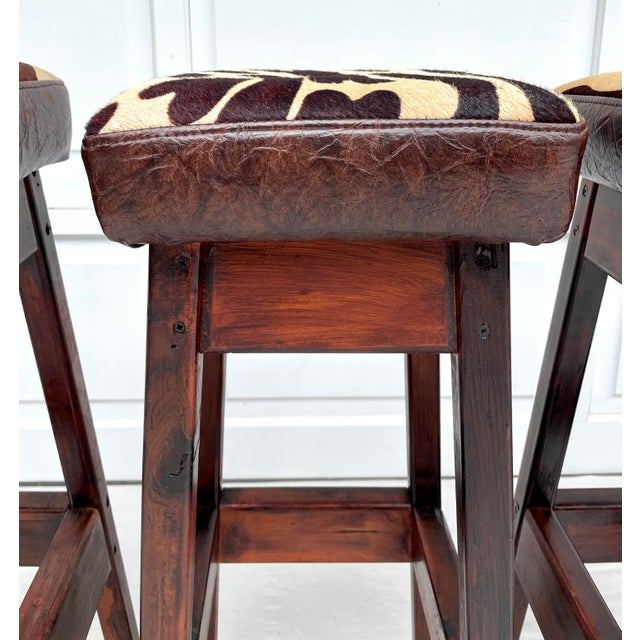 Vintage Cowhide Rustic Wood Bar Stools Set of 4 Chairish