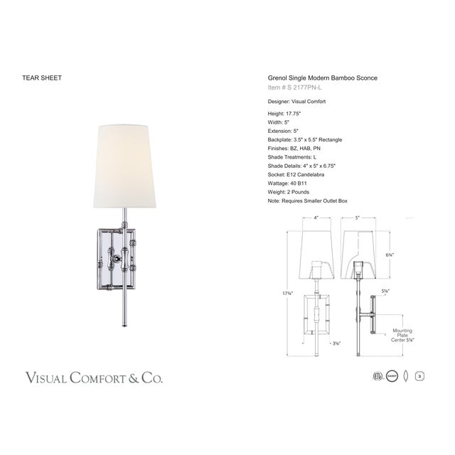 Modern Studio VC for Visual Comfort Signature Grenol Single Modern Bamboo Sconce in Polished Nickel with Linen Shade For Sale - Image 3 of 5