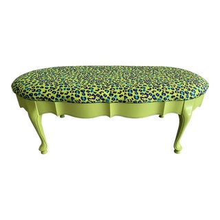 Vintage Scalloped Ottoman Bench With Whimsical Leopard Fabric For Sale