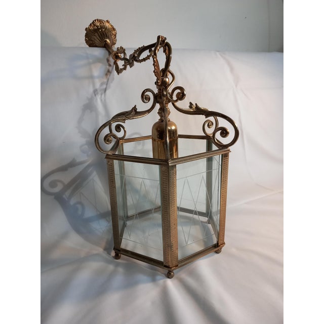 Brass and Cut Glass Hexagon Lantern Pendant Lamp, 1940s For Sale - Image 14 of 15