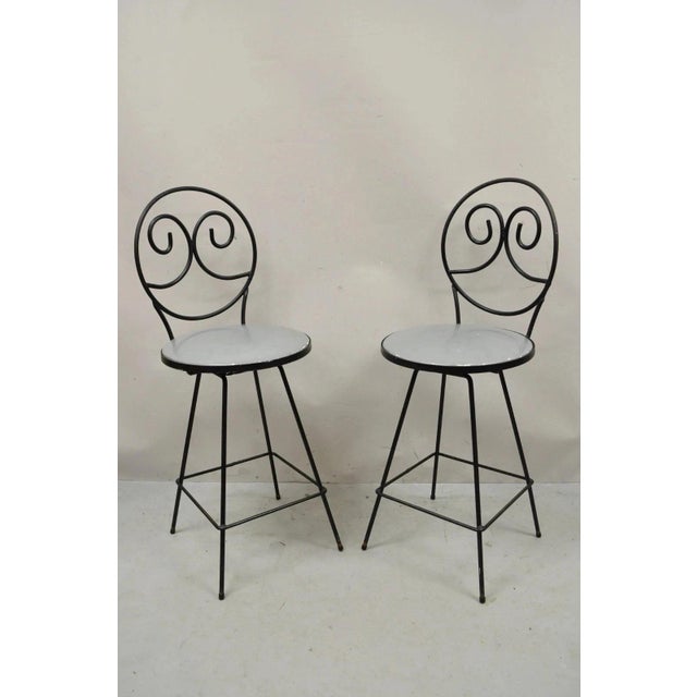Mid 20th Century Modern Arthur Umanoff Style Wrought Iron Swivel Counter Bar Stool Pair For Sale - Image 12 of 12