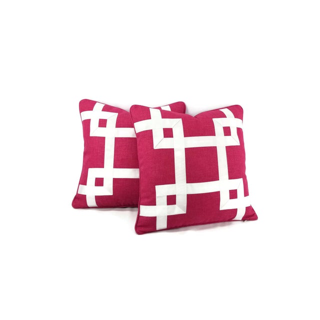 This is a dark pink basket woven fabric with white grosgrain ribbon embellished pillow cover. A lovely fretwork greek...