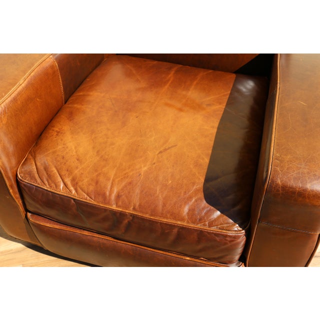 Brown Vintage Pair Art Deco Revival Distressed Brown Leather Club Chairs & Ottomans, 1980s For Sale - Image 8 of 18