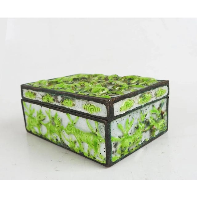 Metal Vintage Lime Green Chinese Repousse Horses Enamel Box and Dish For Sale - Image 7 of 11