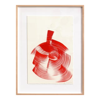 The Red Dress 9 - Framed Original Red Abstract Figurative Ink Painting on French Linen Paper For Sale