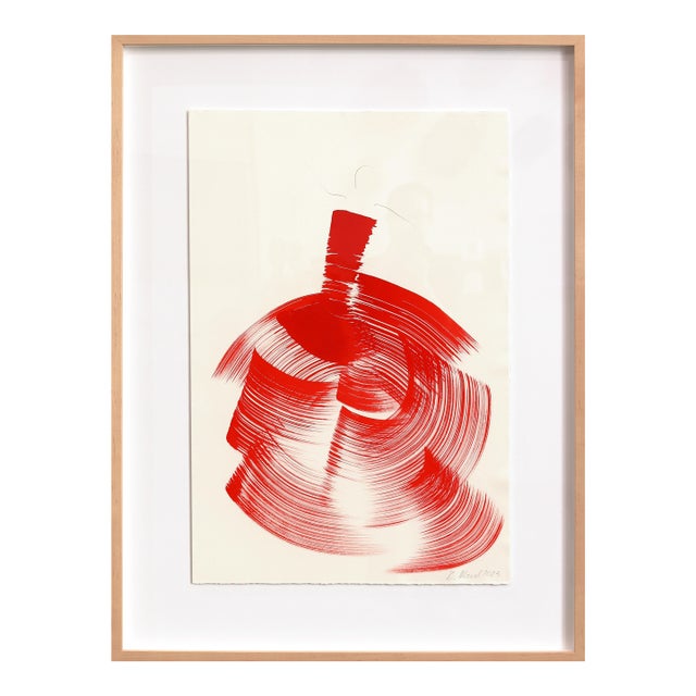 The Red Dress 9 - Framed Original Red Abstract Figurative Ink Painting on French Linen Paper For Sale