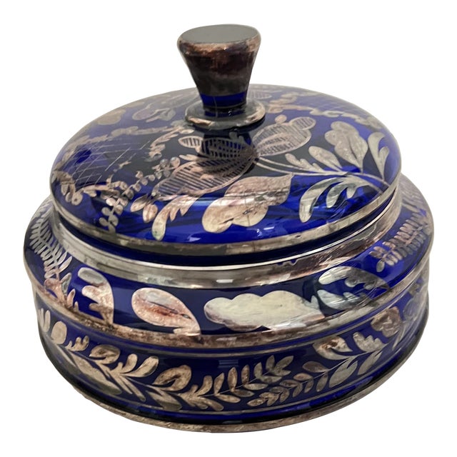 Early 20th Century Blue Glass & Silver Floral Overlay Bowl With Lid For Sale