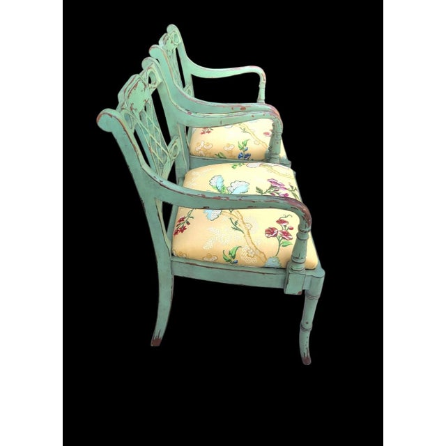 Baker Furniture Company Vintage Distressed Green Brown Fretwork Upholstered Brunschwig Fils Yellow Floral Side Chairs- A Pair For Sale - Image 4 of 15