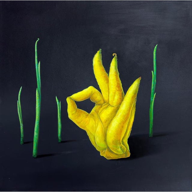 Natasha Lelenco, Organic Hand Gesture with Citrus Form and Digital Symbolism, 2026, Acrylic on Panel For Sale - Image 10 of 10