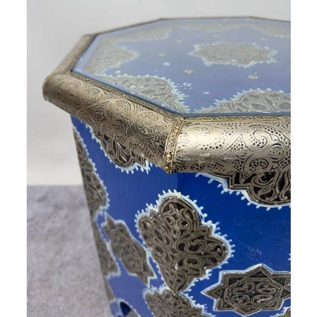 Wood Moroccan Boho Chic White Brass Inlaid Side or End Table in Blue, a Pair For Sale - Image 7 of 12