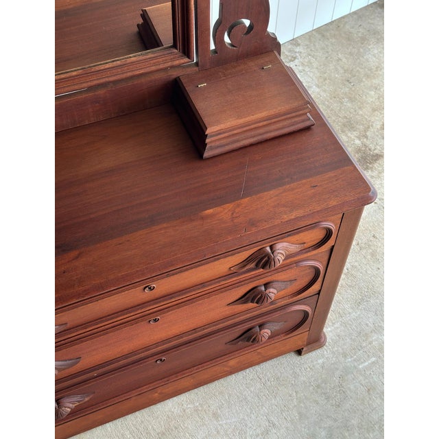 Antique Walnut Dresser With Arched Mirror and Carved Crest For Sale - Image 11 of 18
