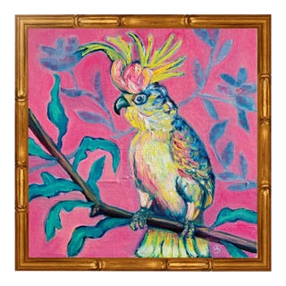 Tatiana Duperault Cockatoo Original Oil Painting, Chinoiserie Style, Pink and Blue, Faux Bamboo Frame For Sale