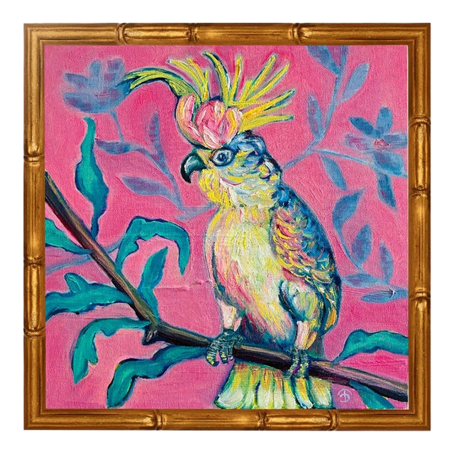 Tatiana Duperault Cockatoo Original Oil Painting, Chinoiserie Style, Pink and Blue, Faux Bamboo Frame For Sale