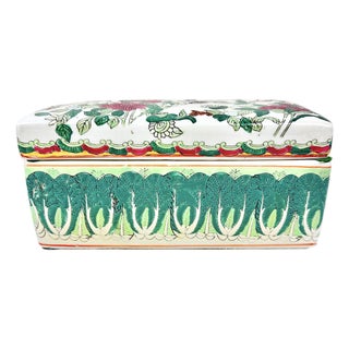 Vintage Chinoiserie Famille Verte "Bok Choy" Porcelain Lidded Box For Sale