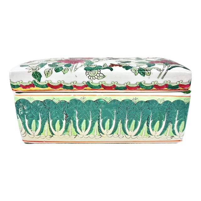 Vintage Chinoiserie Famille Verte "Bok Choy" Porcelain Lidded Box For Sale