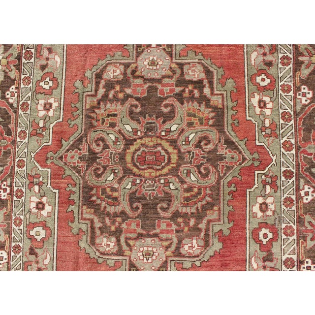 Antique Turkish Oushak Rug With Medallion in Soft Red, Light Green & Brown For Sale In Atlanta - Image 6 of 9