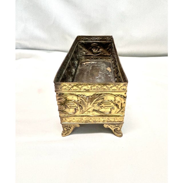 Hollywood Regency Embossed Brass Footed Planter – Vintage Floral Cachepot For Sale - Image 4 of 6