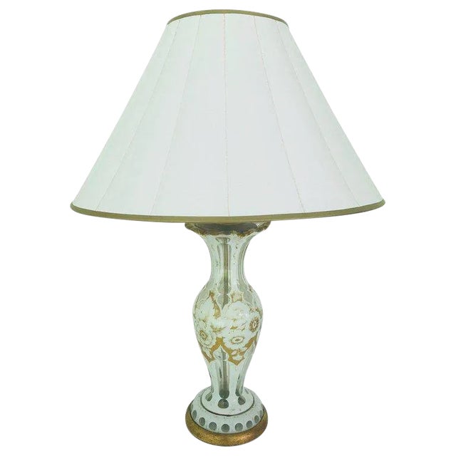 French Gold & White Floral Decorated Glass Lamp For Sale