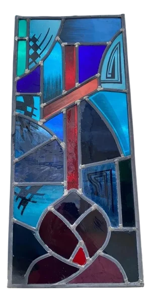 Vintage Art Deco Blue & Red Leaded Stained Glass Church Window W/ Cross 29x13