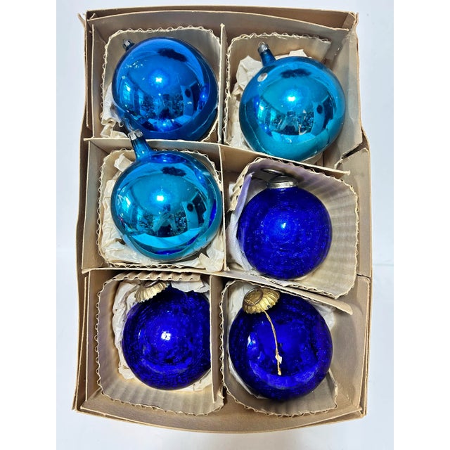 Set of six large vintage mercury-glass Christmas ornaments in rich cobalt blue and teal, designed in the substantial...