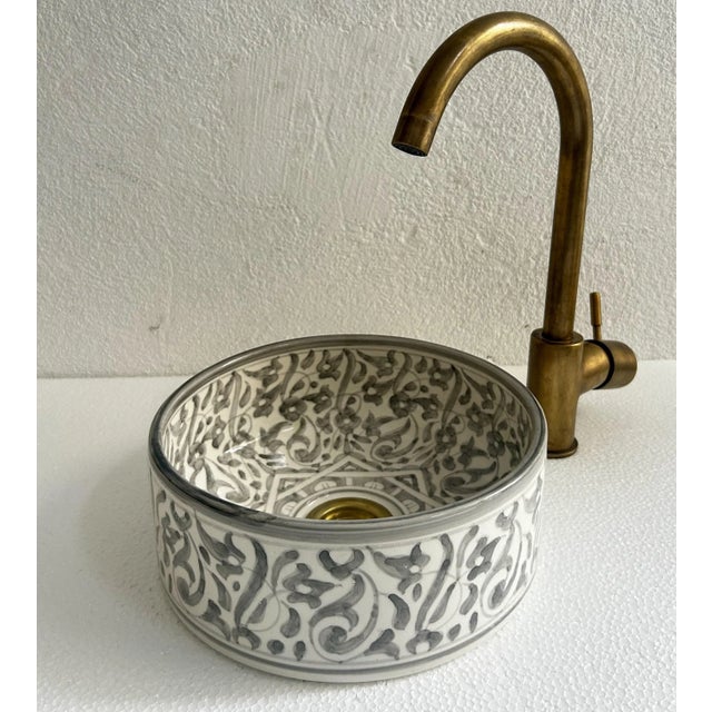 Gray Ceramic Pottery Round Vessel Washbasin Sink for Bathroom With Brass Drain & Gifts For Sale - Image 9 of 9