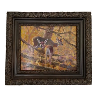 Early 20th Century Vintage Signed Doe and Fawn Original Oil Painting, Framed For Sale