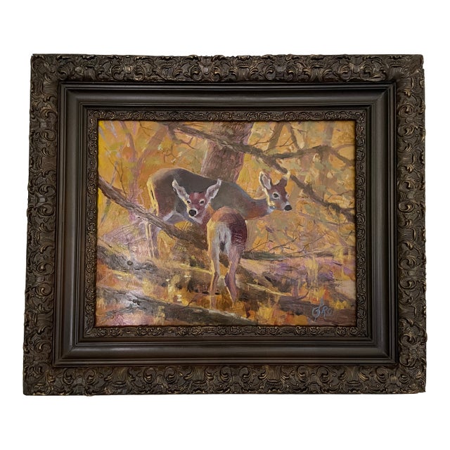 Early 20th Century Vintage Signed Doe and Fawn Original Oil Painting, Framed For Sale