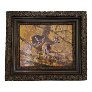 Early 20th Century Vintage Signed Doe and Fawn Original Oil Painting, Framed