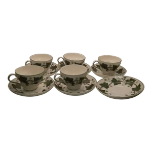 Vintage Wedgwood Napoleon Ivy Green Footed Cups & Saucers Set - 11 Pieces